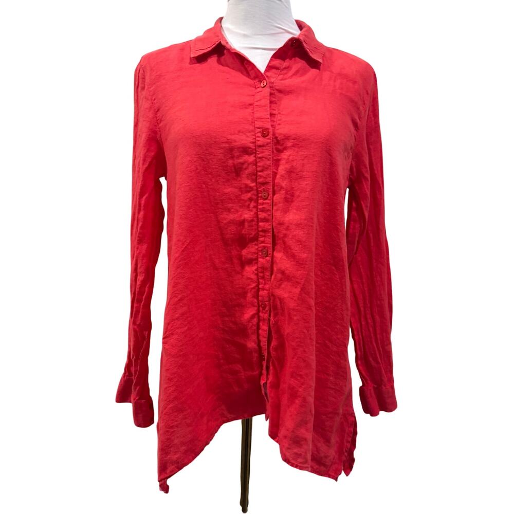 Eileen Fisher Hot Pink Organic Linen Long Sleeve Button Up Shirt Petite Small